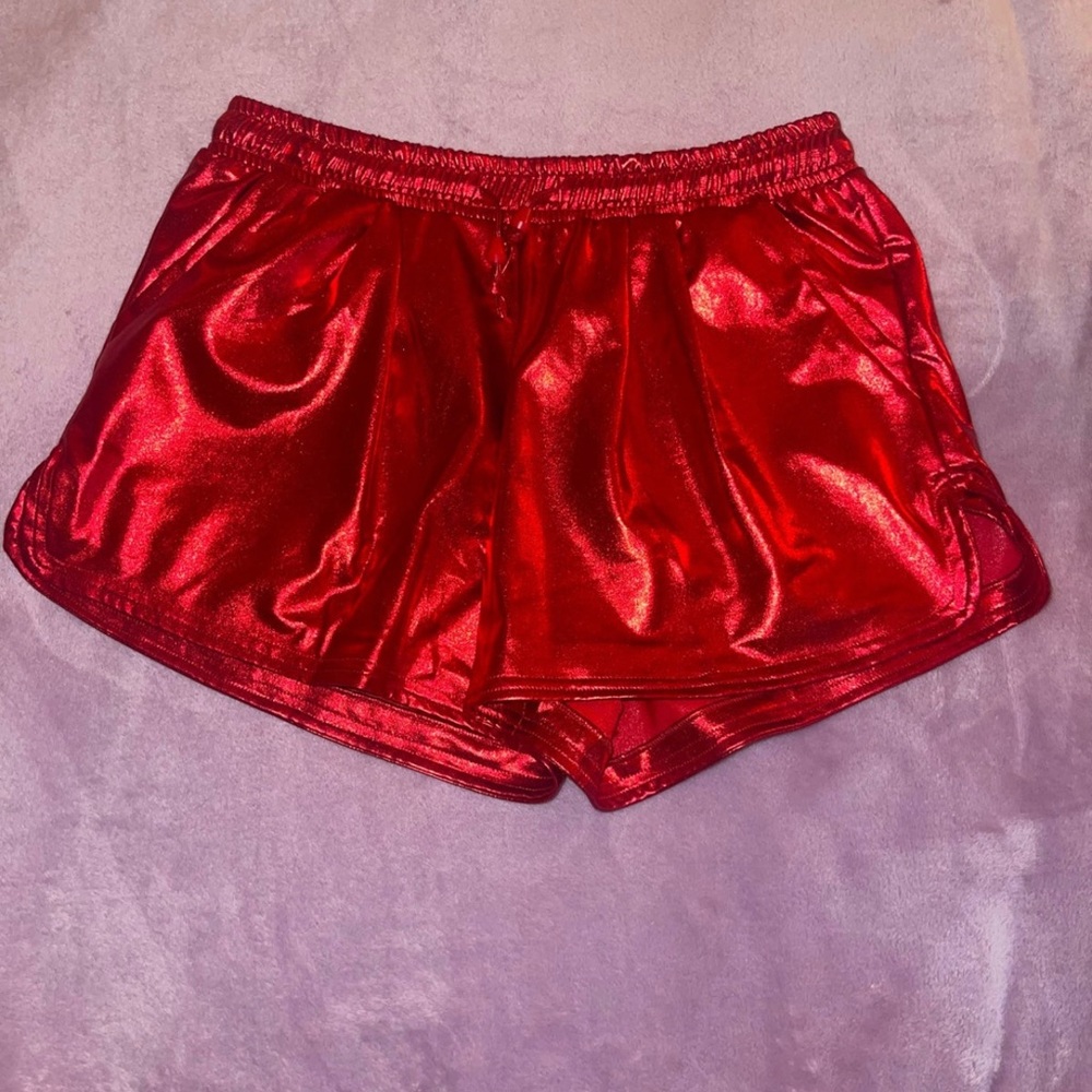 Red Shiny Metallic Shorts with Elastic Drawstring
